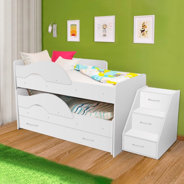 Кровать двухъярусная выкатная Матрешка Белый/белый 800х1600 с ящиком и лестницей